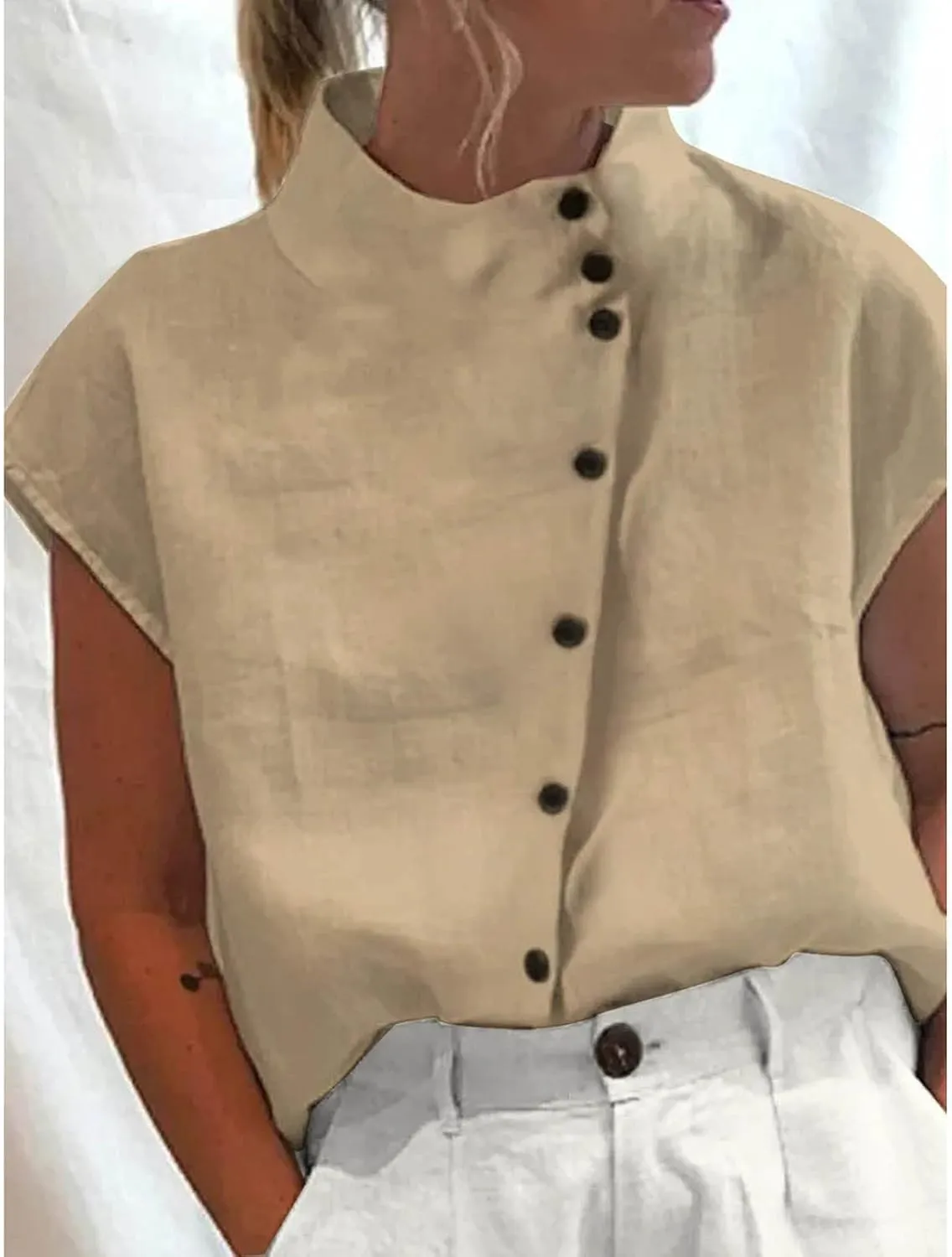 Womens Summer Cotton Linen Tops Cap Sleeve Mock Neck Casual Loose Fit Blouses Hollow Out Comfy Tshirts Shirts