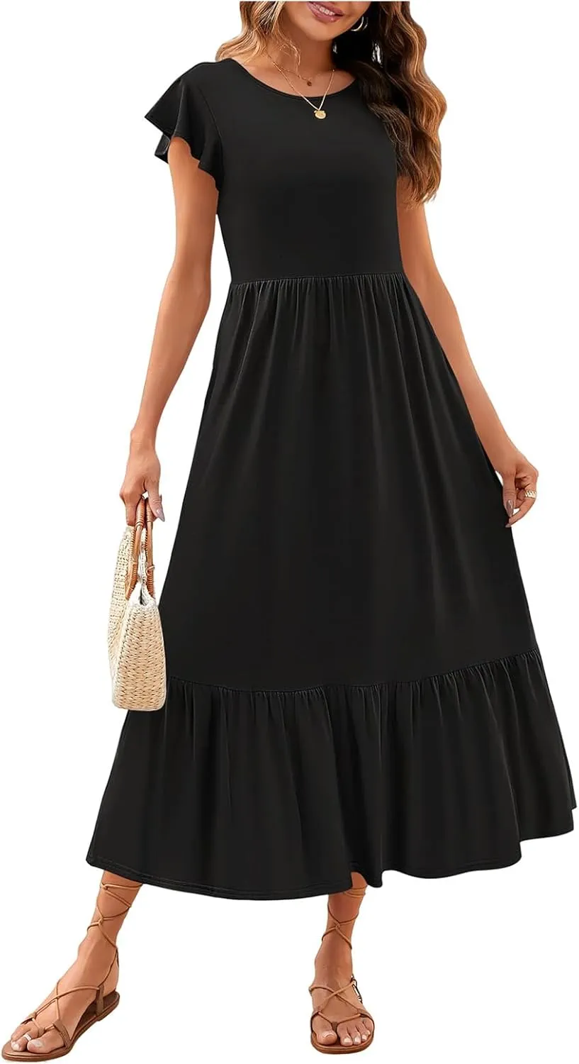 Womens Summer Dresses Flutter Short Sleeve Beach Dress Flowy Wedding Guest Midi Dresses Elastic Tiered Dress
