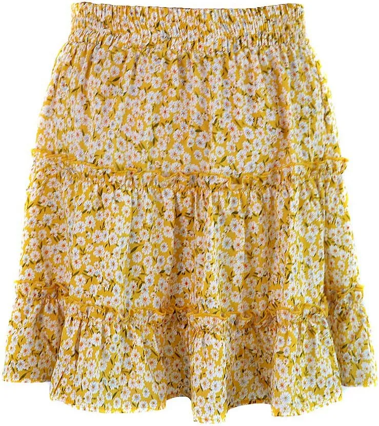 Womens Summer Flowy Tiered Ruffle Mini Skirt Cute High Waist Beach Boho Floral Polka Dot Short Skirts