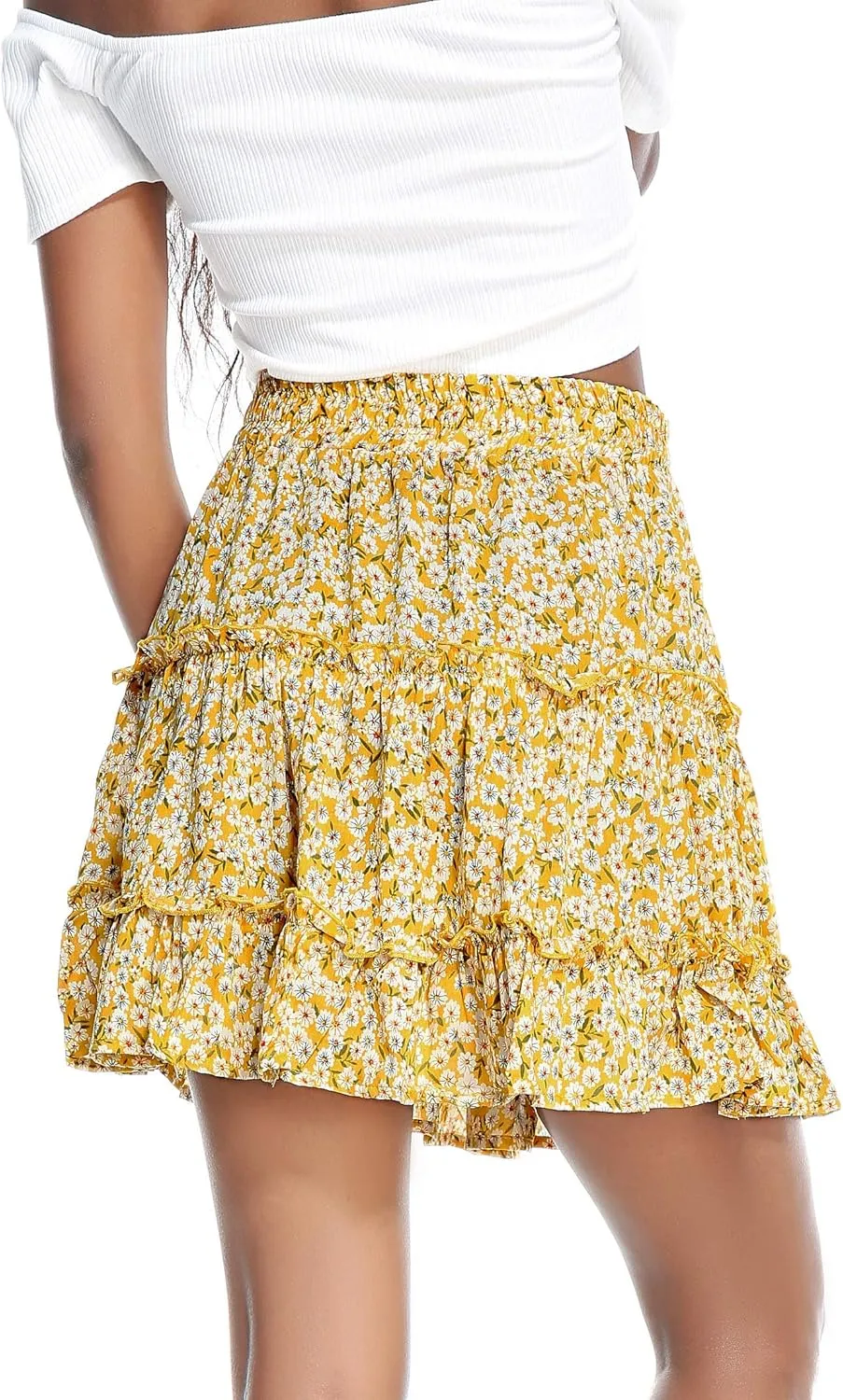 Womens Summer Flowy Tiered Ruffle Mini Skirt Cute High Waist Beach Boho Floral Polka Dot Short Skirts
