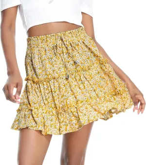 Womens Summer Flowy Tiered Ruffle Mini Skirt Cute High Waist Beach Boho Floral Polka Dot Short Skirts