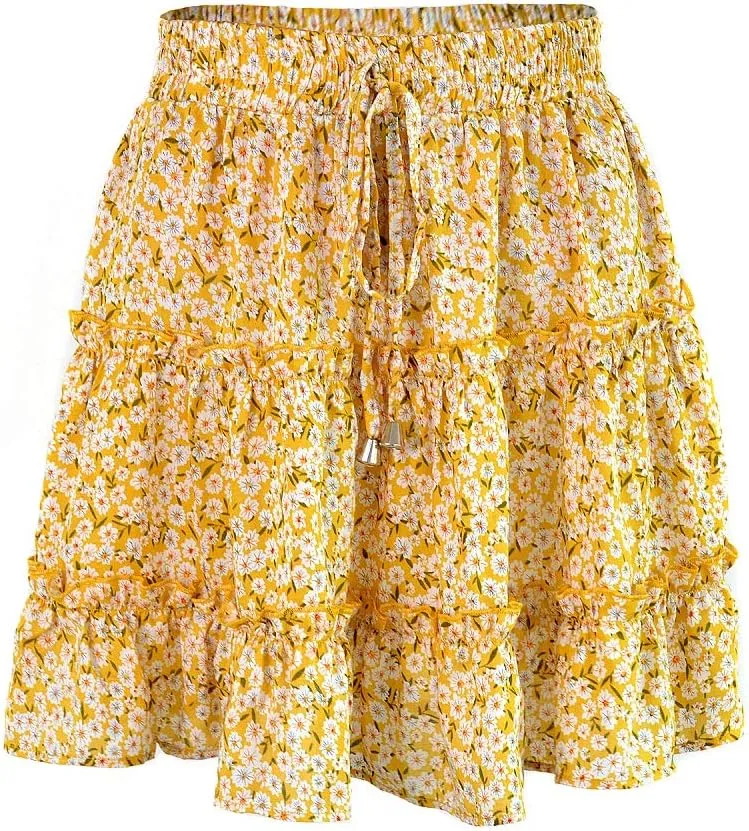 Womens Summer Flowy Tiered Ruffle Mini Skirt Cute High Waist Beach Boho Floral Polka Dot Short Skirts