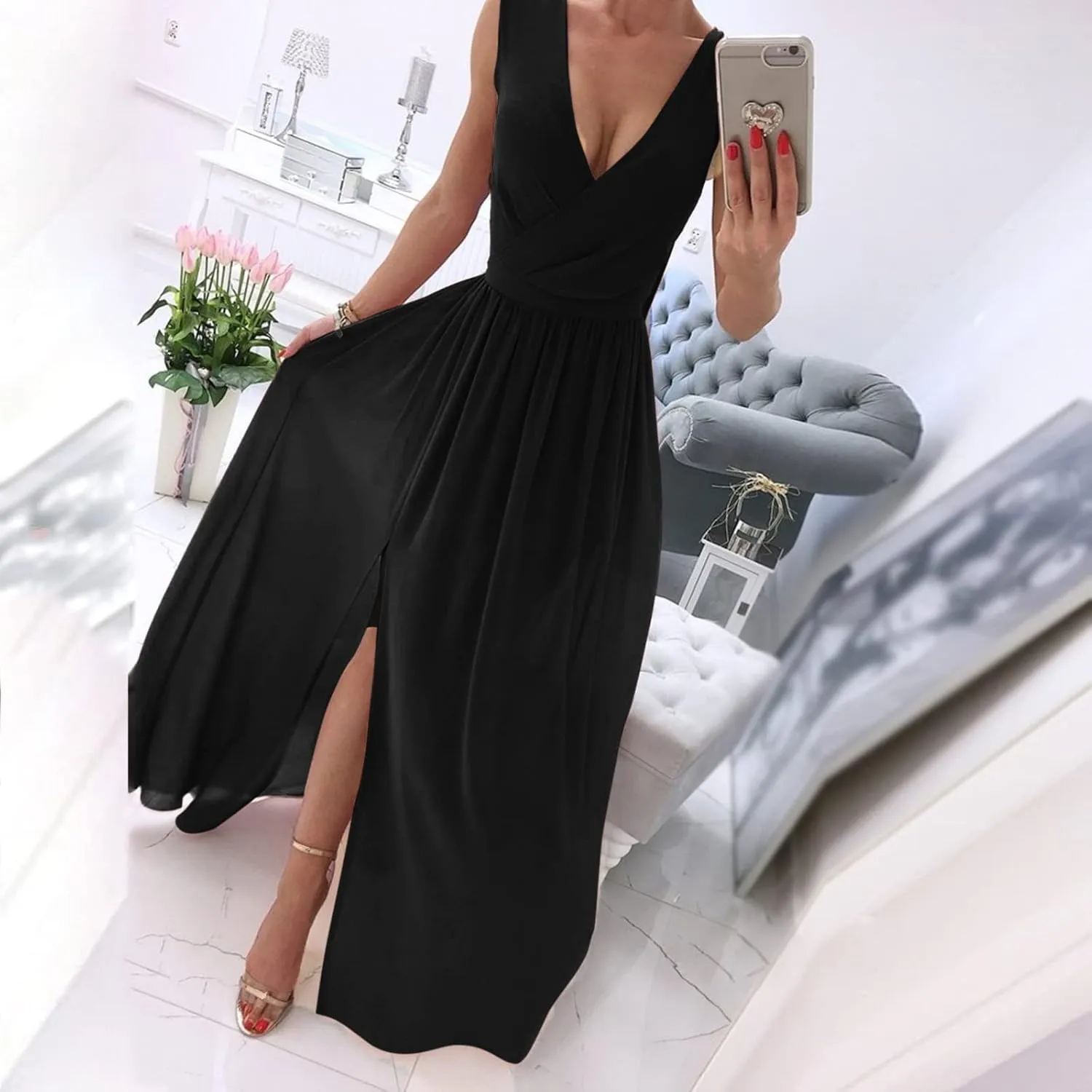 Womens Summer Maxi Dresses Sleeveless Deep Vneck High Waist Side Slit Tunic Ruffle Flowy Evening Formal Dress