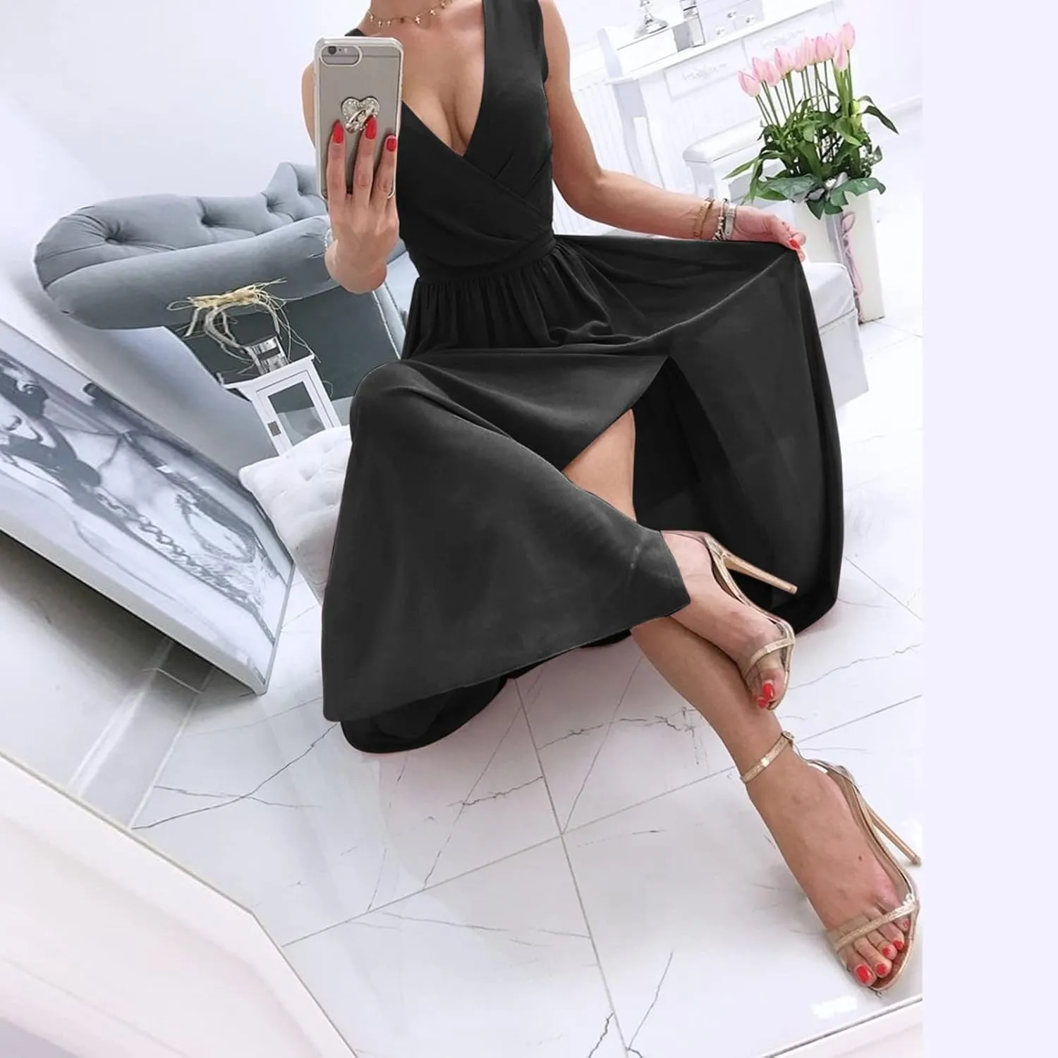 Womens Summer Maxi Dresses Sleeveless Deep Vneck High Waist Side Slit Tunic Ruffle Flowy Evening Formal Dress