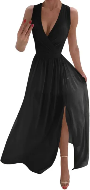 Womens Summer Maxi Dresses Sleeveless Deep Vneck High Waist Side Slit Tunic Ruffle Flowy Evening Formal Dress