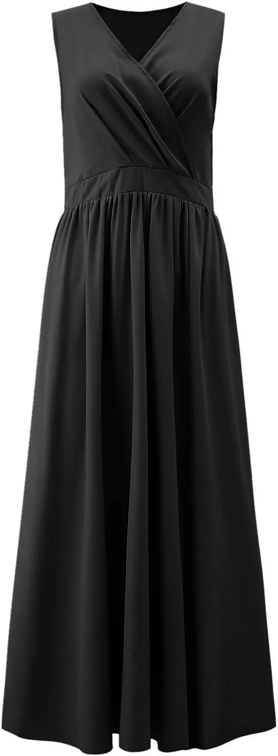 Womens Summer Maxi Dresses Sleeveless Deep Vneck High Waist Side Slit Tunic Ruffle Flowy Evening Formal Dress