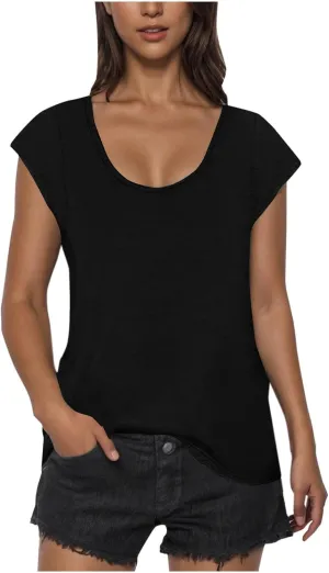 Womens Summer Tops 2025 Cap Sleeve Scoop Neck T Shirts Short Sleeve Tshirts Beach Shirts Fashion Vacation Cloth