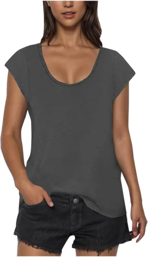 Womens Summer Tops 2025 Cap Sleeve Scoop Neck T Shirts Short Sleeve Tshirts Beach Shirts Fashion Vacation Cloth