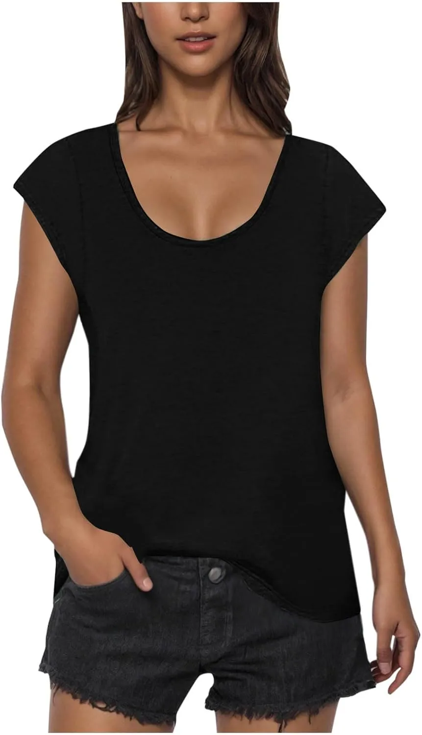 Womens Summer Tops 2025 Cap Sleeve Scoop Neck T Shirts Short Sleeve Tshirts Beach Shirts Fashion Vacation Cloth