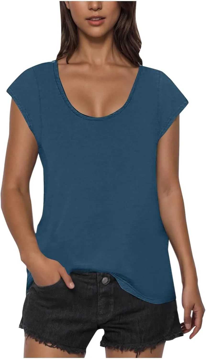 Womens Summer Tops 2025 Cap Sleeve Scoop Neck T Shirts Short Sleeve Tshirts Beach Shirts Fashion Vacation Cloth