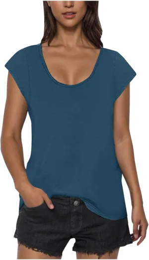 Womens Summer Tops 2025 Cap Sleeve Scoop Neck T Shirts Short Sleeve Tshirts Beach Shirts Fashion Vacation Cloth
