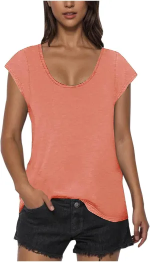 Womens Summer Tops 2025 Cap Sleeve Scoop Neck T Shirts Short Sleeve Tshirts Beach Shirts Fashion Vacation Cloth