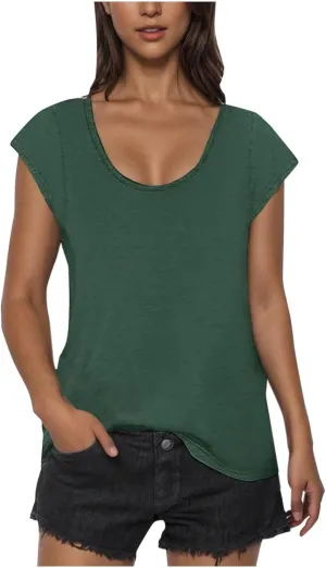 Womens Summer Tops 2025 Cap Sleeve Scoop Neck T Shirts Short Sleeve Tshirts Beach Shirts Fashion Vacation Cloth