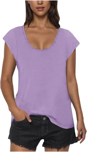 Womens Summer Tops 2025 Cap Sleeve Scoop Neck T Shirts Short Sleeve Tshirts Beach Shirts Fashion Vacation Cloth