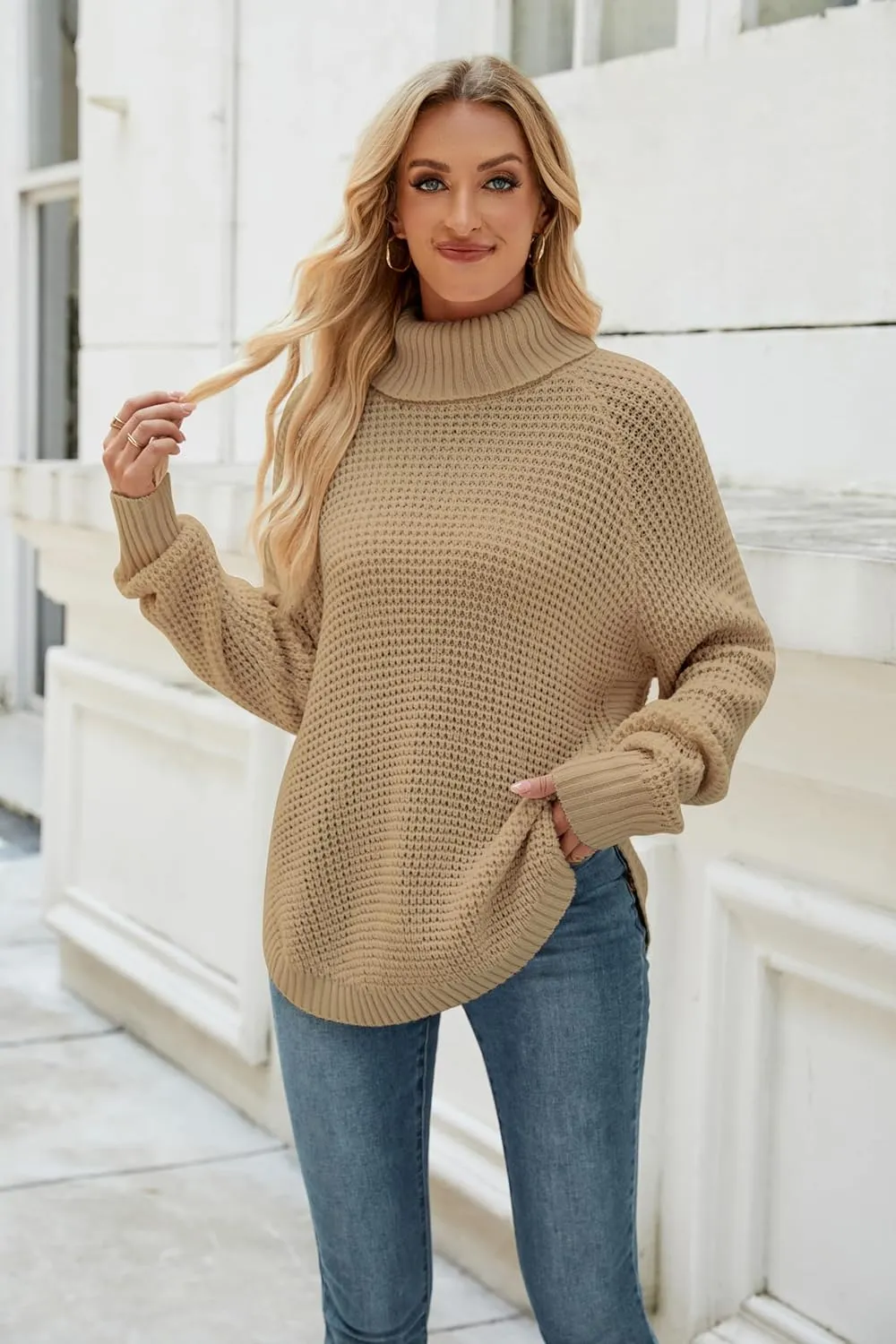 Women's Sweaters Fall Ribbed Knit Turtleneck Sweater Loose Casual Long Sleeve Split Soft Pullover Top
