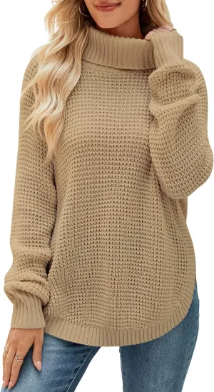 Women's Sweaters Fall Ribbed Knit Turtleneck Sweater Loose Casual Long Sleeve Split Soft Pullover Top