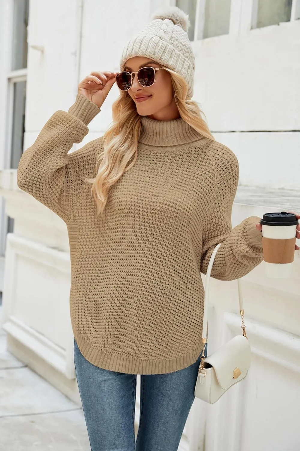 Women's Sweaters Fall Ribbed Knit Turtleneck Sweater Loose Casual Long Sleeve Split Soft Pullover Top