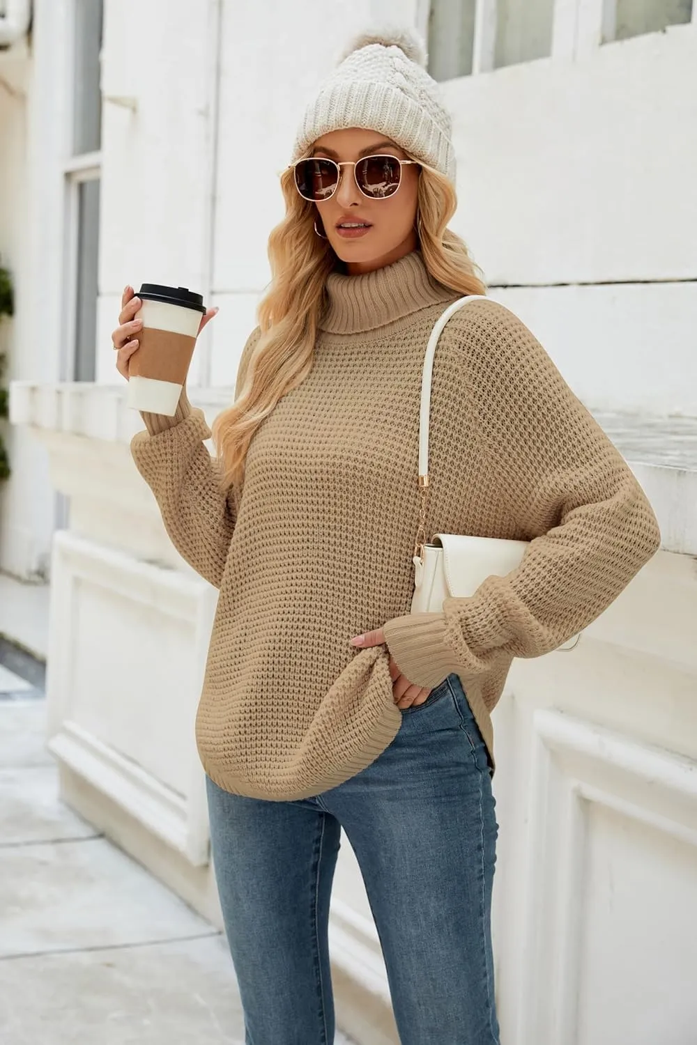 Women's Sweaters Fall Ribbed Knit Turtleneck Sweater Loose Casual Long Sleeve Split Soft Pullover Top