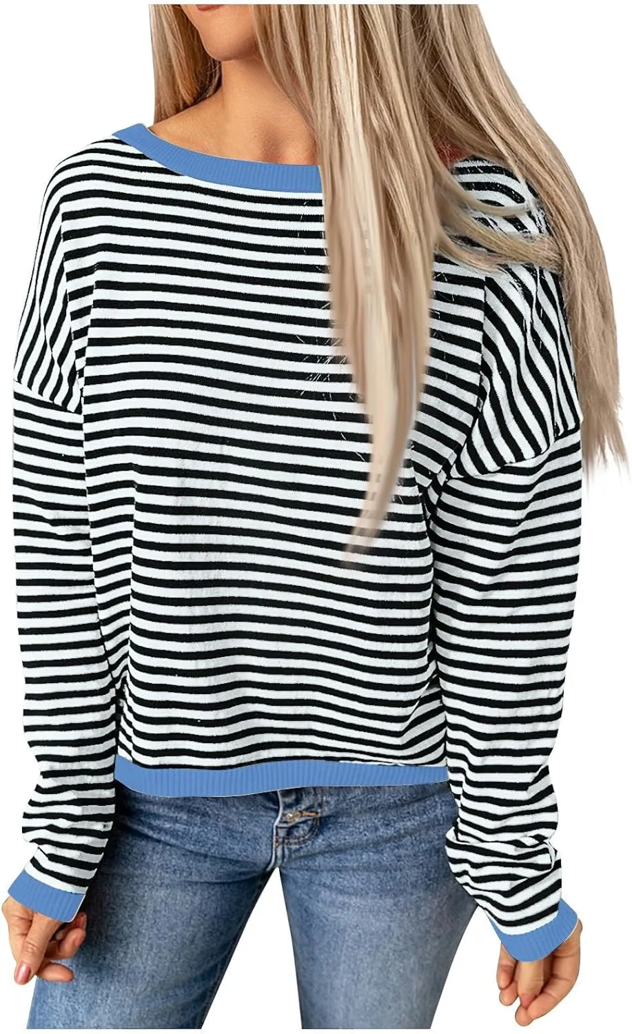 Womens Sweaters Striped Color Block Long Sleeve Casual Loose Knitted Pullover Shirts 2024 Fall Outfits Trendy Tops