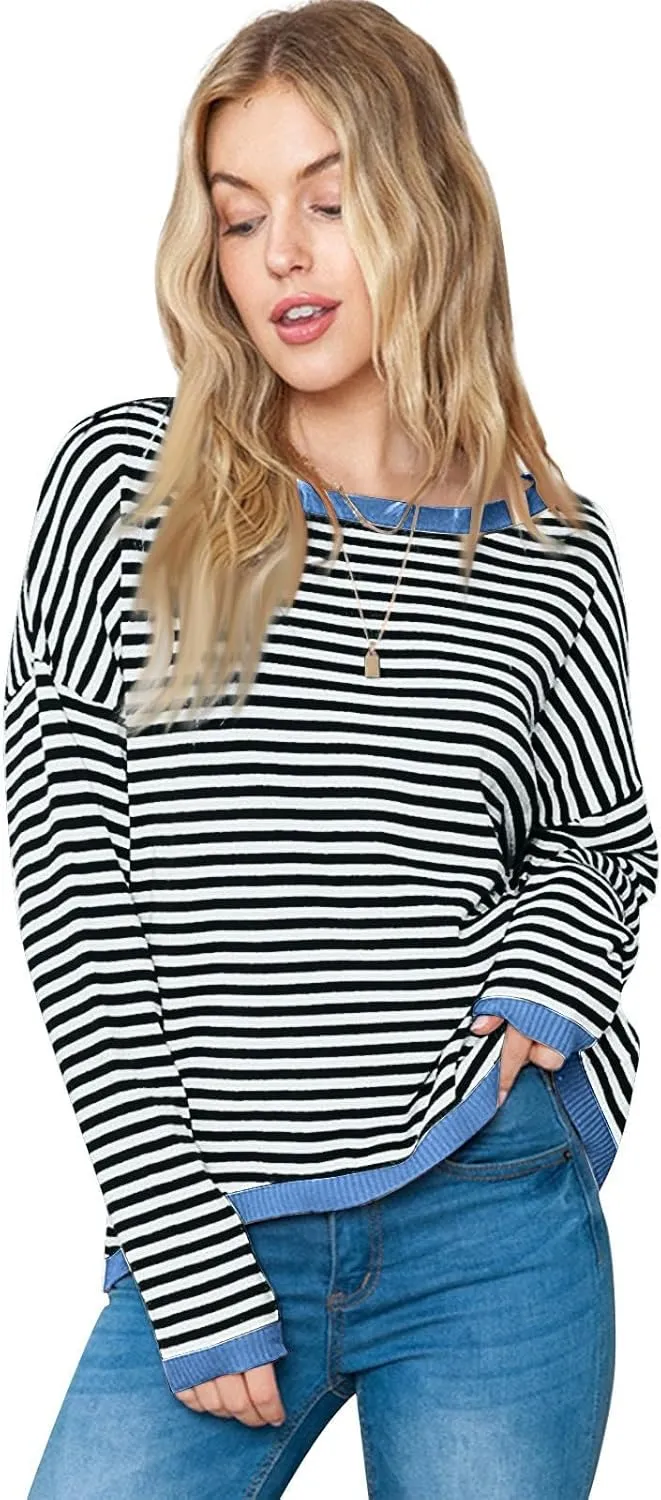 Womens Sweaters Striped Color Block Long Sleeve Casual Loose Knitted Pullover Shirts 2024 Fall Outfits Trendy Tops