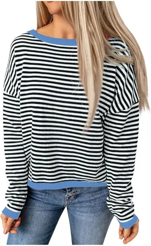 Womens Sweaters Striped Color Block Long Sleeve Casual Loose Knitted Pullover Shirts 2024 Fall Outfits Trendy Tops