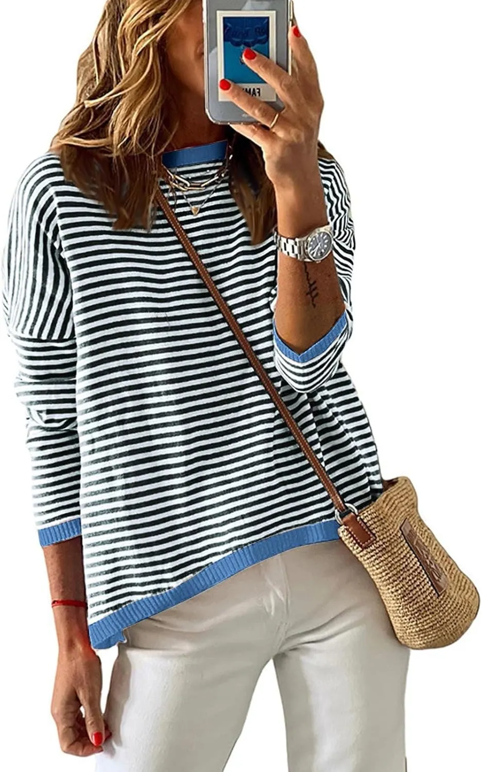 Womens Sweaters Striped Color Block Long Sleeve Casual Loose Knitted Pullover Shirts 2024 Fall Outfits Trendy Tops