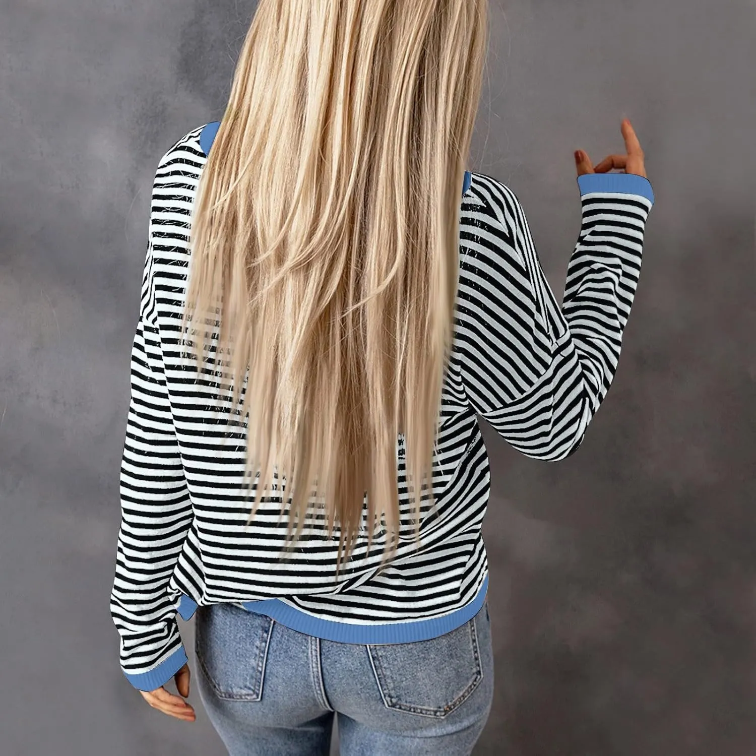 Womens Sweaters Striped Color Block Long Sleeve Casual Loose Knitted Pullover Shirts 2024 Fall Outfits Trendy Tops