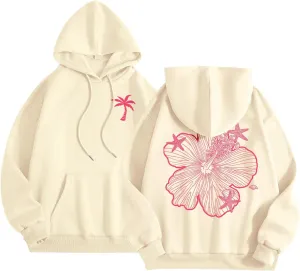 Womens Sweatshirt Floral Print Long Sleeve Drop Shoulder Casual Sweatshirts Drawstring Pockets Comfort Trendy Hoodie