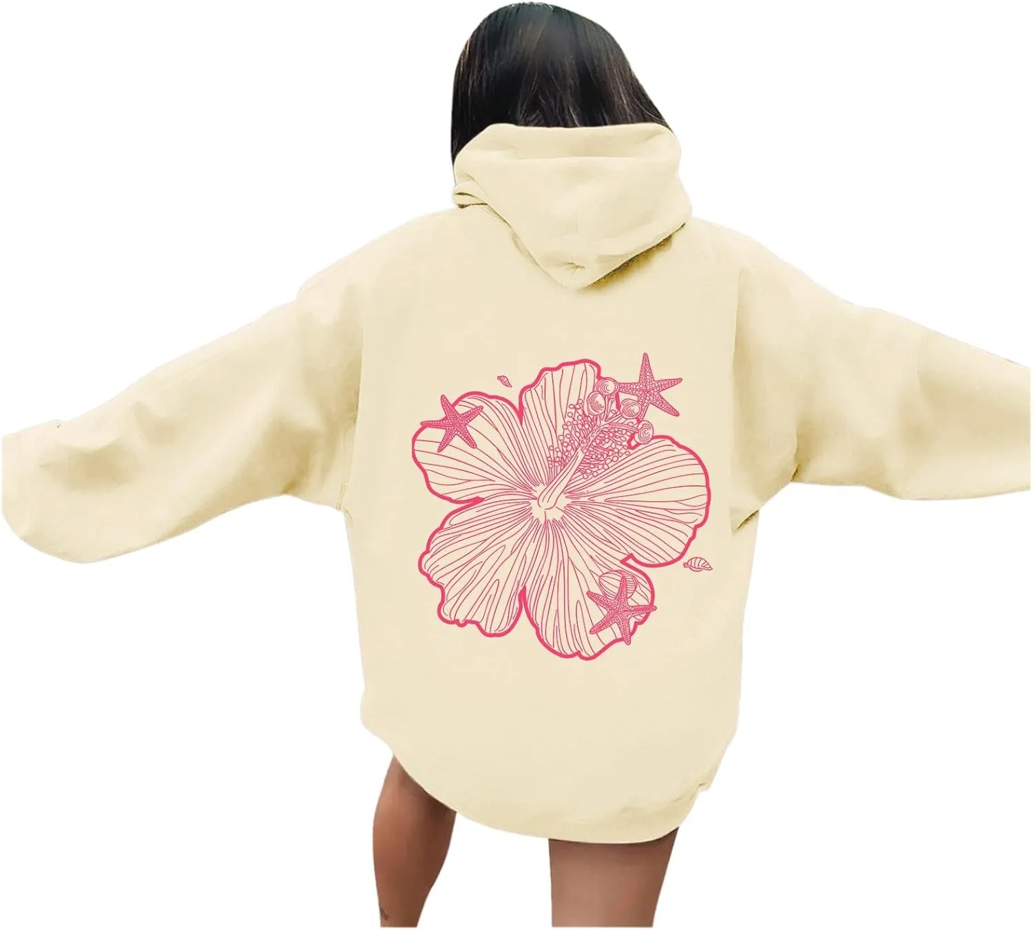 Womens Sweatshirt Floral Print Long Sleeve Drop Shoulder Casual Sweatshirts Drawstring Pockets Comfort Trendy Hoodie