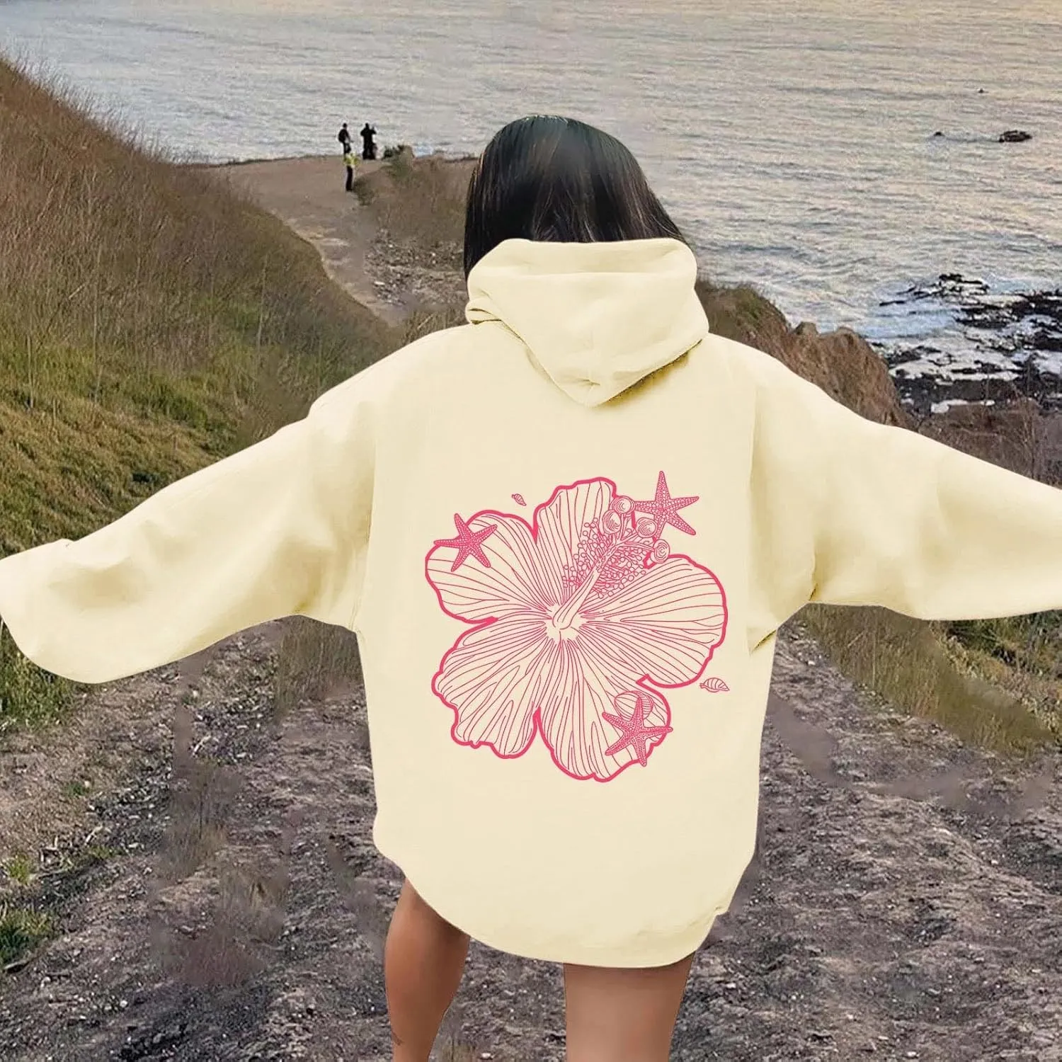 Womens Sweatshirt Floral Print Long Sleeve Drop Shoulder Casual Sweatshirts Drawstring Pockets Comfort Trendy Hoodie