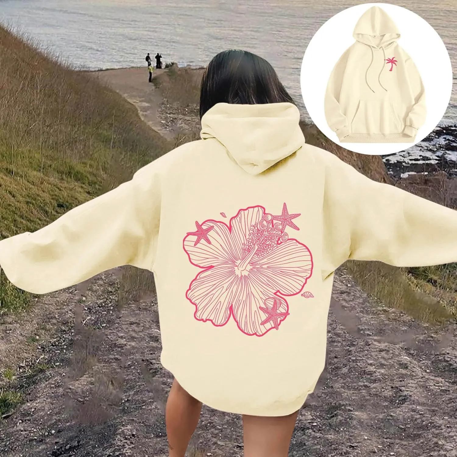 Womens Sweatshirt Floral Print Long Sleeve Drop Shoulder Casual Sweatshirts Drawstring Pockets Comfort Trendy Hoodie