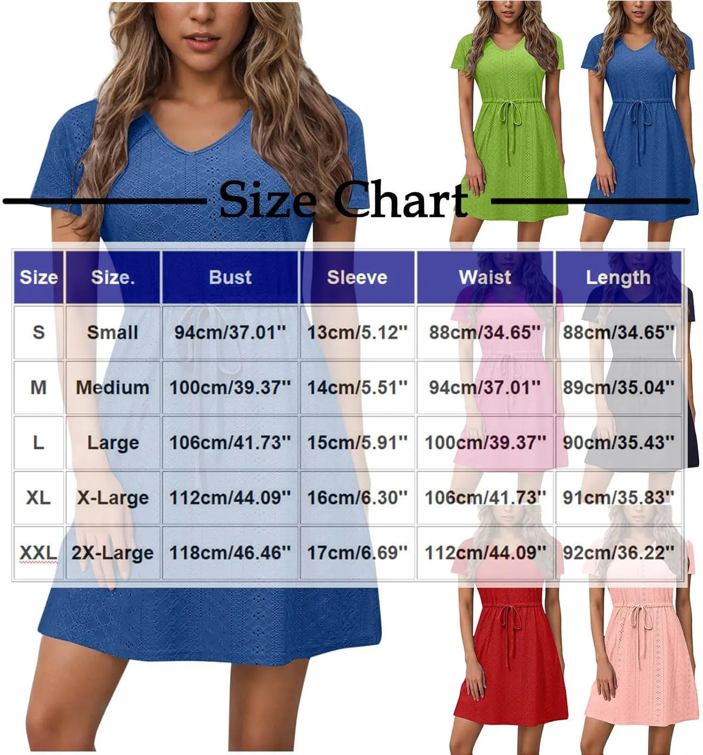 Women's Swimsuit Cover Ups Beach Dress Casual V-Neck Drawstring Slit Eyelet Flowy Bikini Sundress Short Sleeve