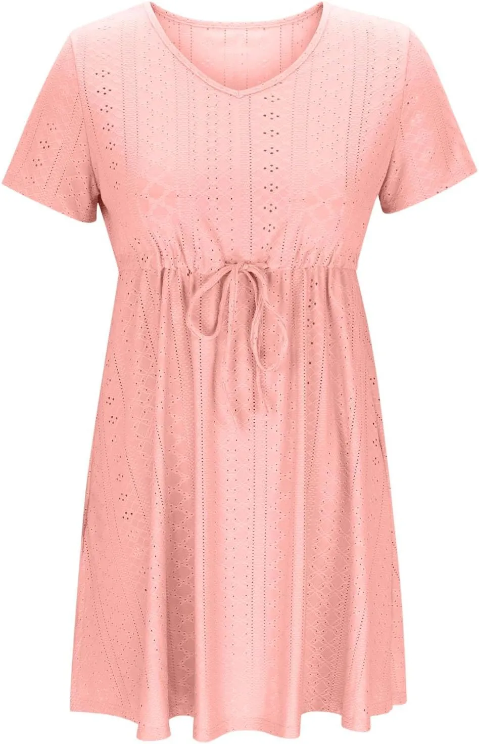 Women's Swimsuit Cover Ups Beach Dress Casual V-Neck Drawstring Slit Eyelet Flowy Bikini Sundress Short Sleeve