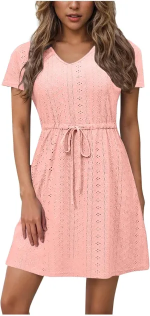 Women's Swimsuit Cover Ups Beach Dress Casual V-Neck Drawstring Slit Eyelet Flowy Bikini Sundress Short Sleeve