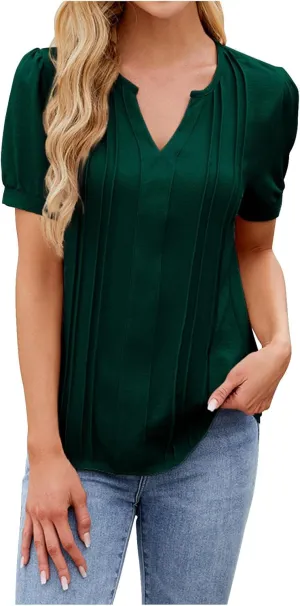 Womens Trendy V Neck Puff Short Sleeve Pleated T Shirts Fashion Summer Beach Tops Casual Dressy Tunic Blouse