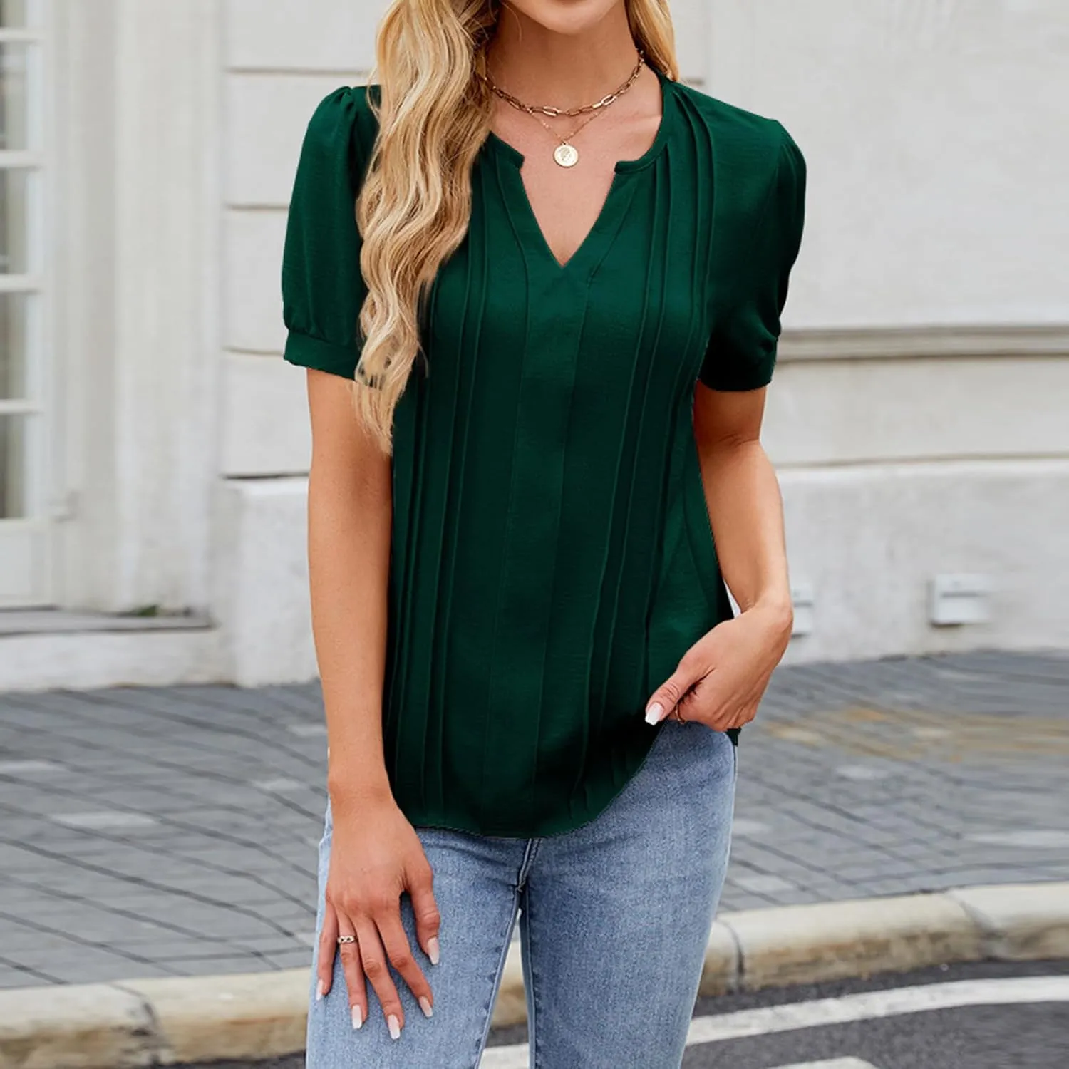 Womens Trendy V Neck Puff Short Sleeve Pleated T Shirts Fashion Summer Beach Tops Casual Dressy Tunic Blouse