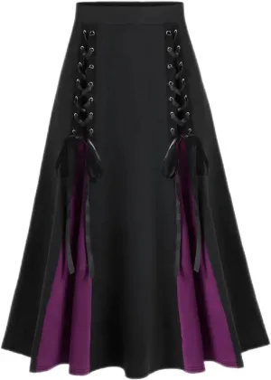 Women's Vintage Gothic Court Lace Up Patchwork Skirt Steampunk Medieval Renaissance Victorian A-Line Pirate Skirts