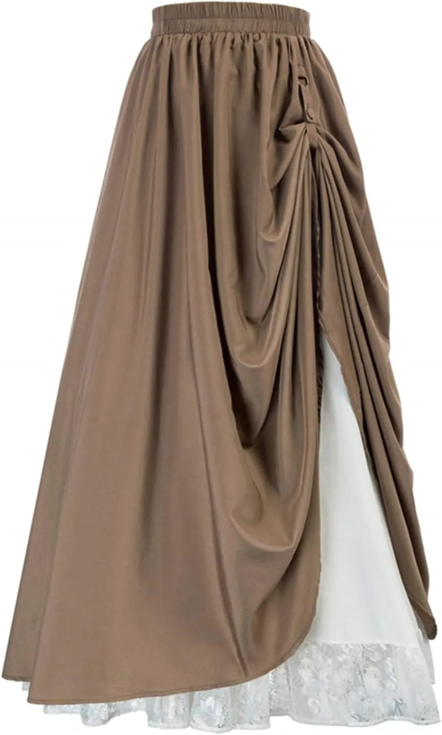 Women's Vintage Maxi Long Skirt Elastic Waist Lace Trim Ruched Flowy Long Skirt Gothic Victorian Renaissance Skirts