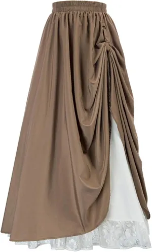 Women's Vintage Maxi Long Skirt Elastic Waist Lace Trim Ruched Flowy Long Skirt Gothic Victorian Renaissance Skirts