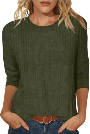 Womens Waffle Tops 3/4 Length Long Sleeve Shirts Spring Tshirt Trendy Casual Crewneck Blouse Loose Fit Basic Tee