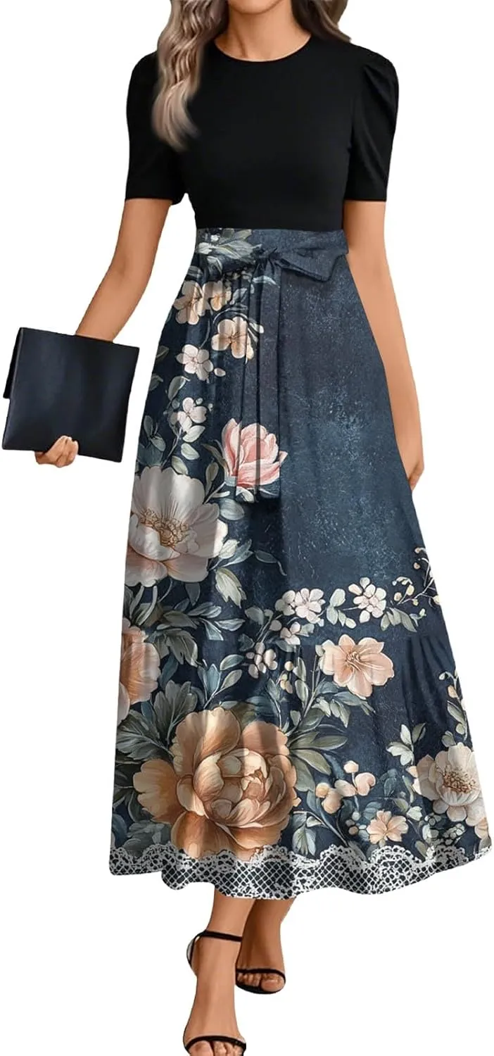 Wrap Dresses for Women 2025 Plus Size Floral Short Sleeve Maxi Dress Elegant A Line Outfit