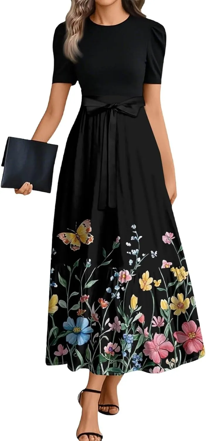 Wrap Dresses for Women 2025 Plus Size Floral Short Sleeve Maxi Dress Elegant A Line Outfit