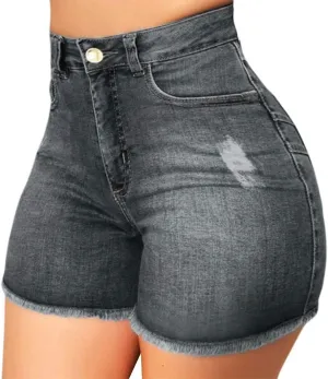 WUAI Ripped Jean Shorts for Women Plus Size High Waisted Stretchy Distressed Denim Jeans Shorts