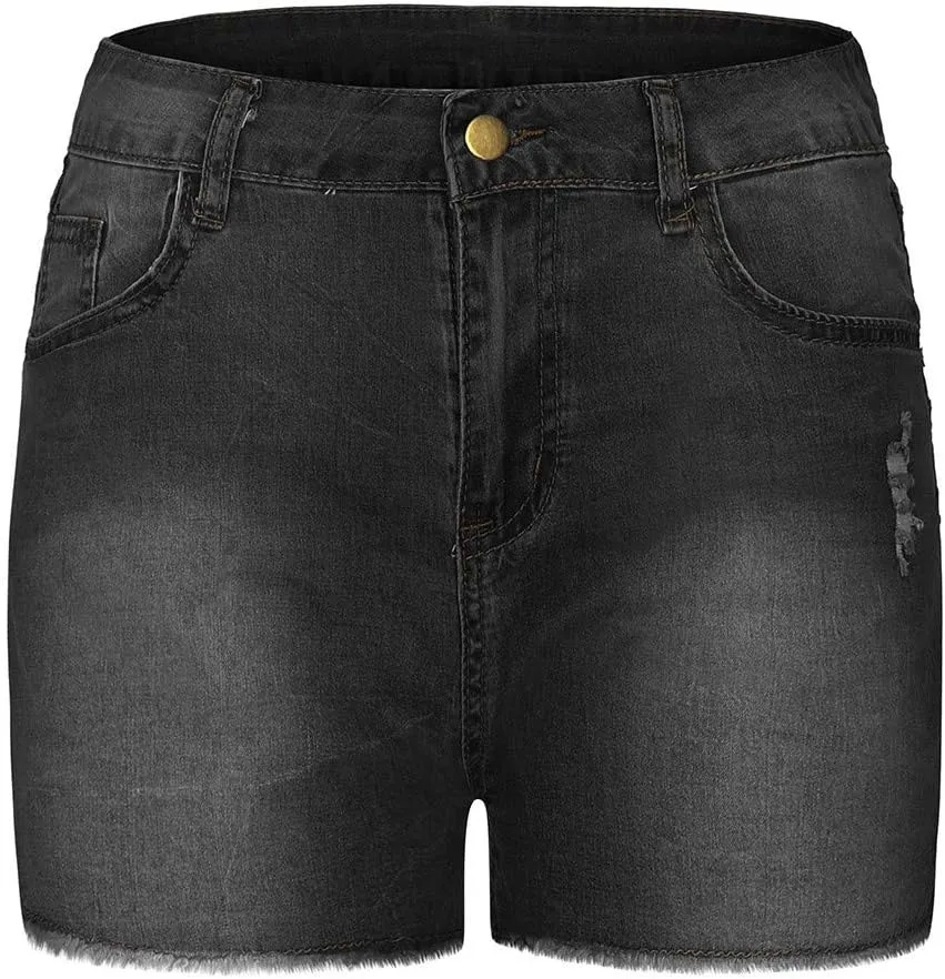 WUAI Ripped Jean Shorts for Women Plus Size High Waisted Stretchy Distressed Denim Jeans Shorts