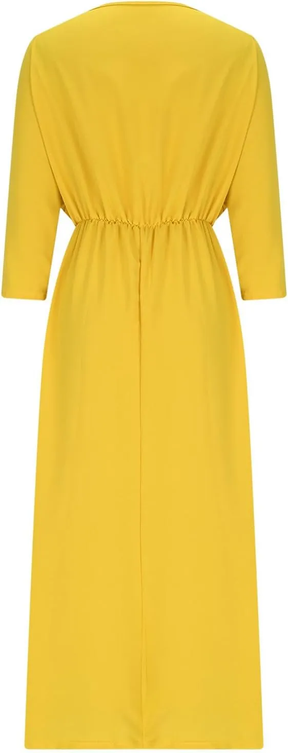 XUNRYAN Women's Summer Boho Maxi Dress Casual V Neck 3/4 Sleeve Wedding Guest Dresses Flowy Side Slit Travel Beach Sundress