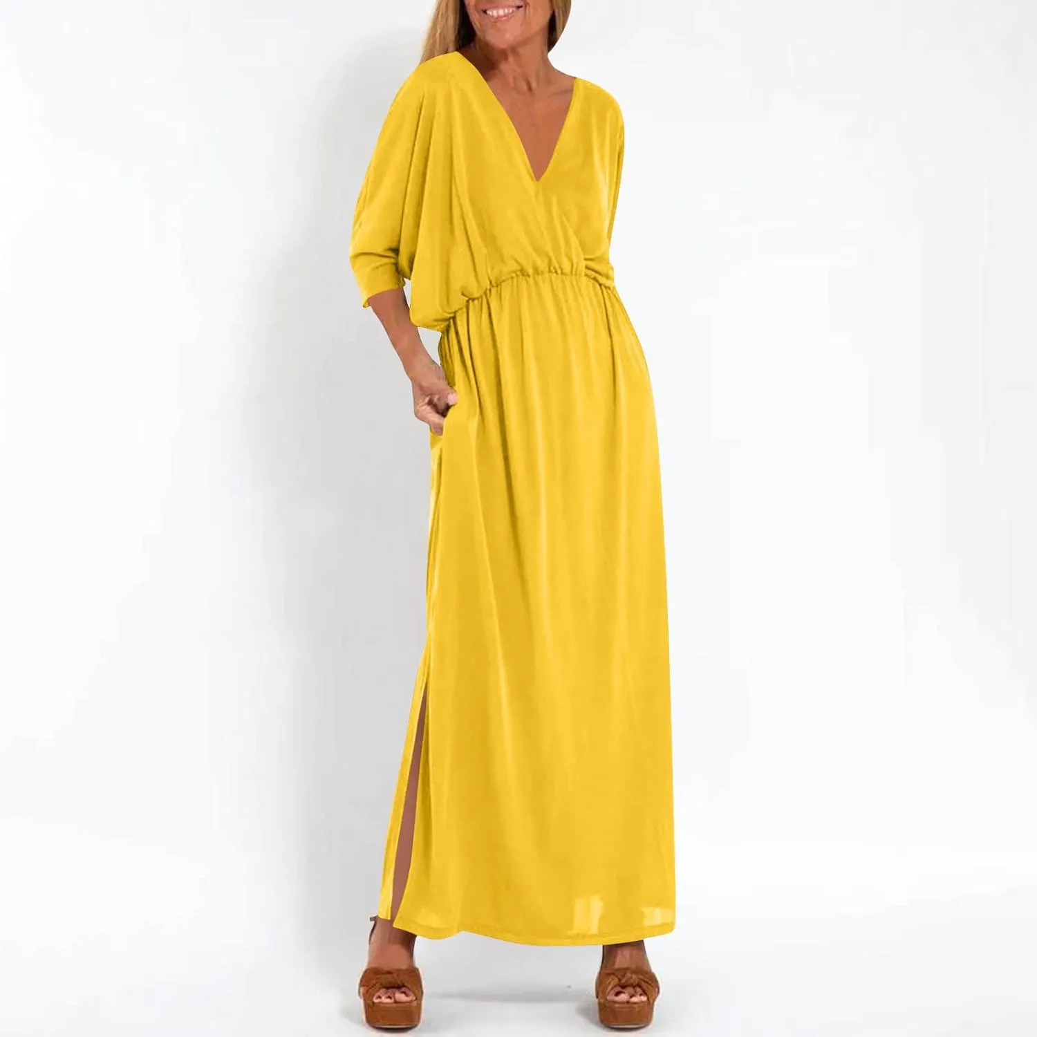 XUNRYAN Women's Summer Boho Maxi Dress Casual V Neck 3/4 Sleeve Wedding Guest Dresses Flowy Side Slit Travel Beach Sundress