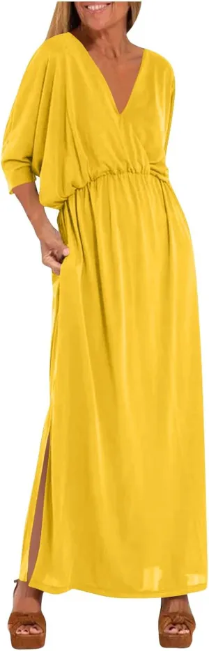 XUNRYAN Women's Summer Boho Maxi Dress Casual V Neck 3/4 Sleeve Wedding Guest Dresses Flowy Side Slit Travel Beach Sundress