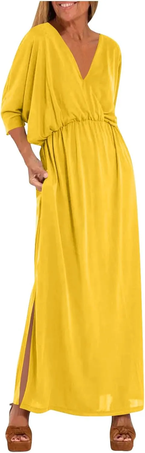 XUNRYAN Women's Summer Boho Maxi Dress Casual V Neck 3/4 Sleeve Wedding Guest Dresses Flowy Side Slit Travel Beach Sundress