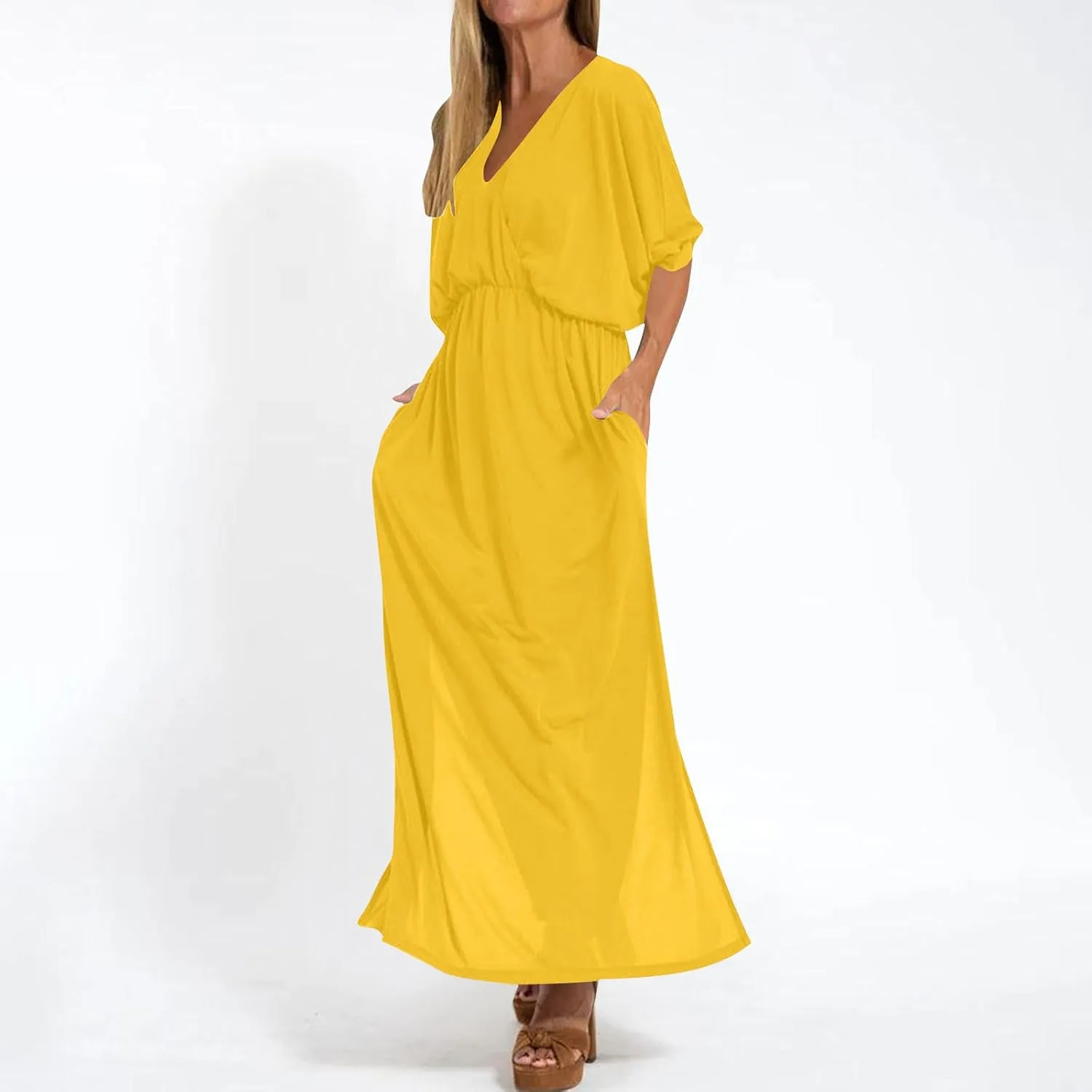 XUNRYAN Women's Summer Boho Maxi Dress Casual V Neck 3/4 Sleeve Wedding Guest Dresses Flowy Side Slit Travel Beach Sundress