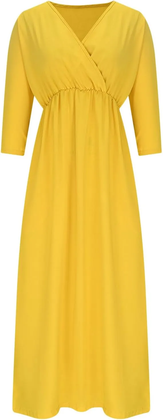 XUNRYAN Women's Summer Boho Maxi Dress Casual V Neck 3/4 Sleeve Wedding Guest Dresses Flowy Side Slit Travel Beach Sundress